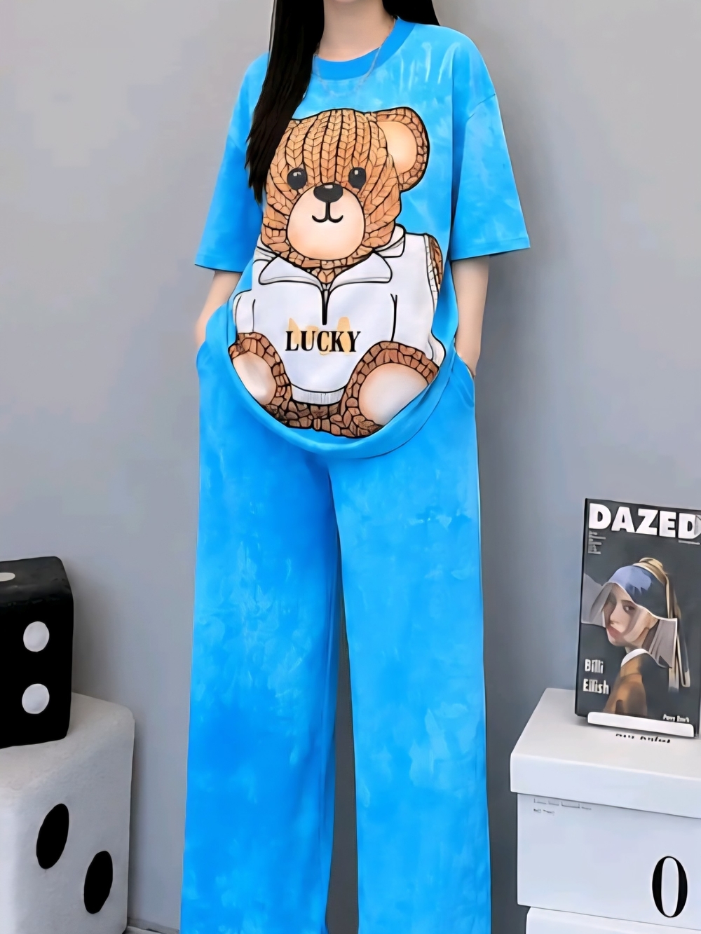Blue Tie Dye Teddy Bear Oversized Pajama Set - Lucky Graphic Loungewear 2PC